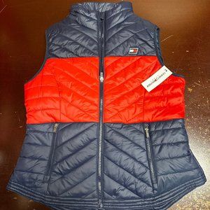 Tommy Hilfiger Womens Navy Orange Sleeveless Full Zip Puffer Vest Jacket Size L